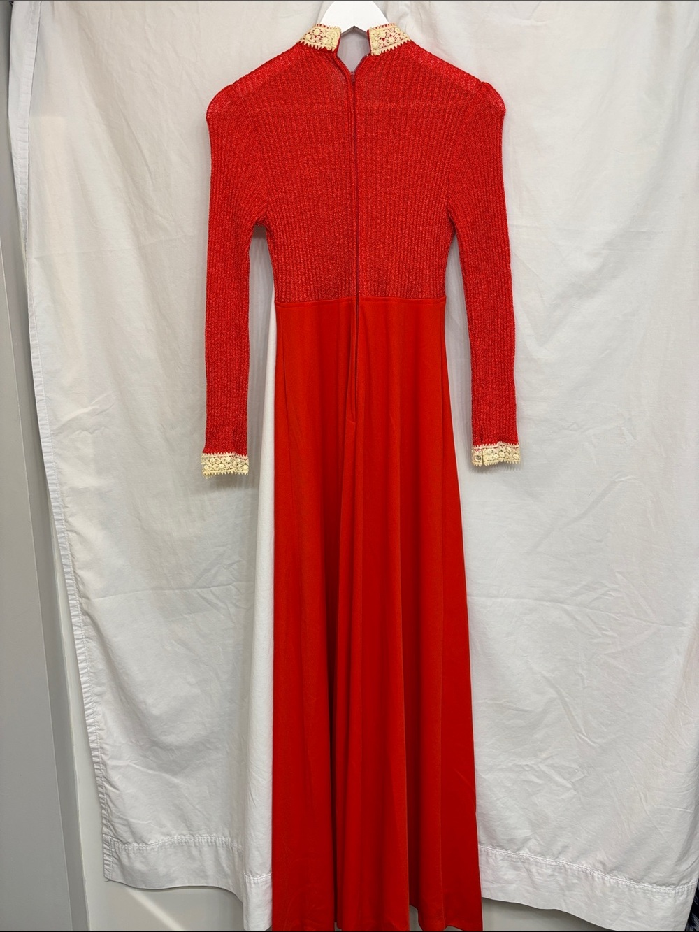 Vintage 1970s Red Maxi Dress with Crochet Trim - Picture 4 of 13